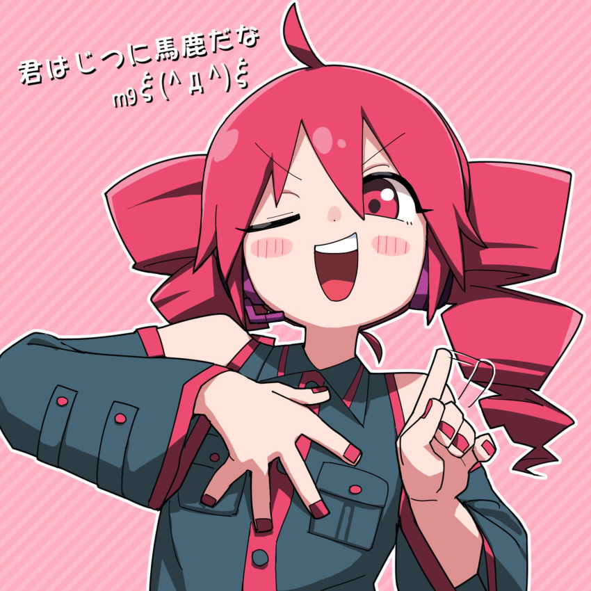 1girl ahoge bare_shoulders black_shirt blush_stickers breast_pocket buttons collared_shirt commentary detached_sleeves drill_hair emoticon finger_wagging hand_on_own_chest hands_up highres kasane_teto looking_at_viewer medium_hair one_eye_closed open_mouth outline pink_background pocket red_eyes red_hair red_nails shirt sleeveless sleeveless_shirt smirk solo striped striped_background translation_request twin_drills upper_body utau v-shaped_eyebrows white_outline wide_sleeves yachima_tana