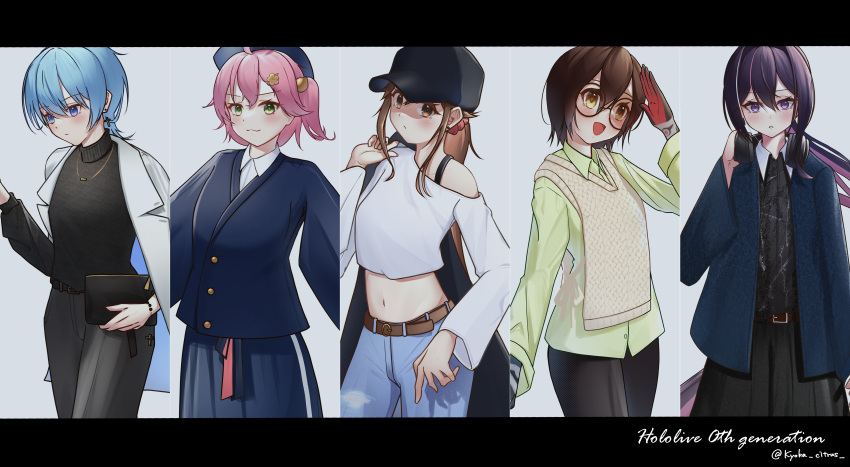 5girls absurdres ahoge azki_(hololive) belt black-framed_eyewear black_dress black_headwear black_pants black_shirt blue_eyes blue_hair blue_pants blue_shirt blue_skirt blush brown_belt brown_eyes brown_hair dress hair_ornament hairpin headphones headphones_around_neck highres hololive hoshimachi_suisei kyoka_citrus long_hair looking_at_viewer multicolored_hair multiple_girls navel open_mouth pants pink_hair purple_hair roboco-san sakura_miko shirt short_hair side_ponytail skirt smile streaked_hair tokino_sora virtual_youtuber