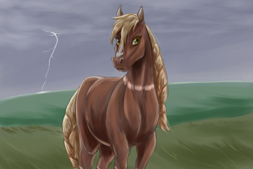2022 blonde_hair brown_body digital_media_(artwork) electricity equid equine facial_markings female feral frown grass hair head_markings hi_res horse lightning mammal markings outside plant quadruped redahfuhrerking sila_(redahfuhrerking) solo tail them's_fightin'_herds yellow_eyes yellow_tail