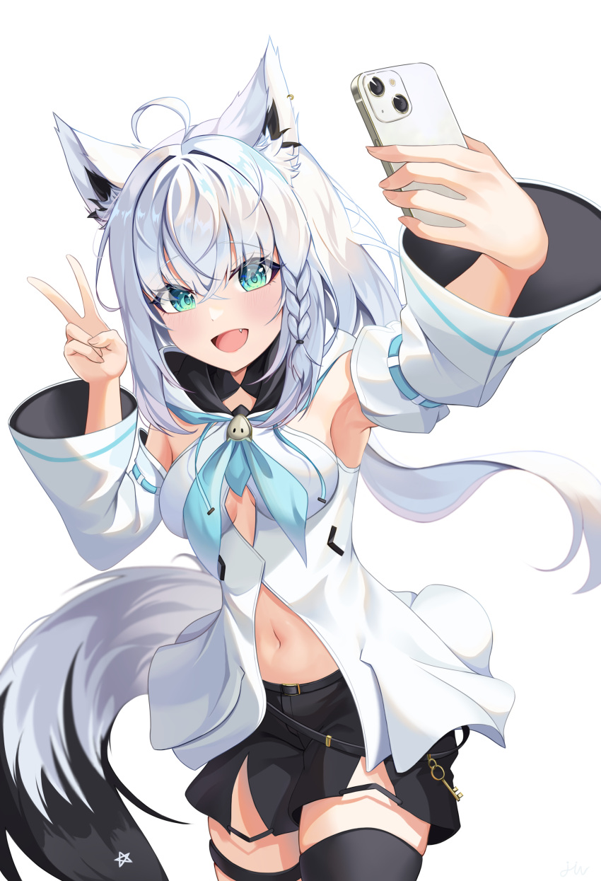 1girl :d absurdres ahoge animal_ear_piercing animal_ears aqua_eyes arm_up armpits black_shorts black_thighhighs blue_neckerchief blush braid breasts breasts_apart cellphone commentary_request detached_sleeves fang fox_ears fox_girl fox_tail front_slit hair_between_eyes highres holding holding_phone hololive hood hooded_vest hoodie jin_kemi long_hair looking_at_viewer medium_breasts midriff_peek navel neckerchief no_bra open_mouth pentagram phone selfie shirakami_fubuki shirakami_fubuki_(1st_costume) short_shorts shorts side_braid sidelocks simple_background single_thighhigh smartphone smile solo strapless tail taking_picture thigh_strap thighhighs v very_long_hair vest virtual_youtuber white_background white_hair white_sleeves wide_sleeves