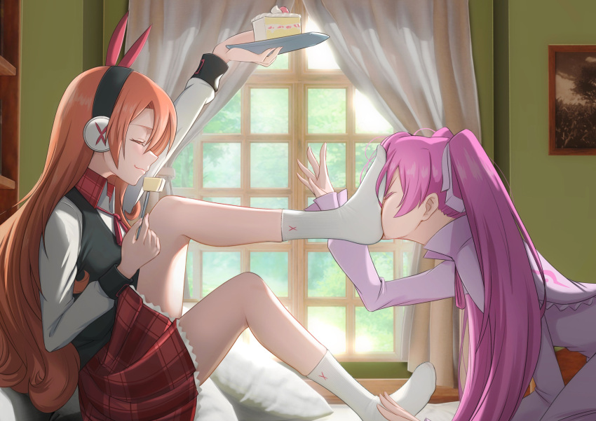 2girls absurdres akame_ga_kill! all_fours arm_up black_hairband black_vest bow bowtie cake cake_slice chelsea_(akame_ga_kill!) closed_eyes closed_mouth collared_shirt commentary curtains dress english_commentary eyelashes feet food foot_on_another's_face foot_up full_body ghhoward hair_between_eyes hair_bow hairband hand_up highres holding indoors knee_up legs long_hair long_sleeves mine_(akame_ga_kill!) miniskirt multiple_girls no_shoes orange_hair parted_bangs pillow pink_hair plaid plaid_skirt plate purple_dress red_bow red_bowtie ribbed_socks shadow shirt sidelocks sitting skirt socks thighs twintails upper_body vest white_shirt white_socks window
