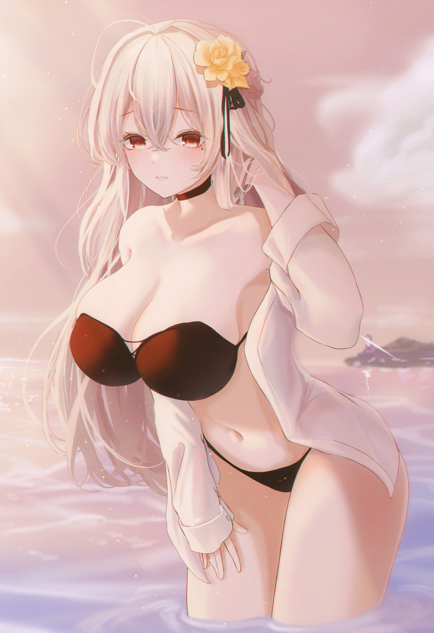 1girl absurdres artist_request bare_shoulders bikini black_bikini black_choker breasts brown_eyes check_artist choker cleavage flower hair_between_eyes hair_flower hair_ornament hand_on_own_thigh hand_up highres kooemong large_breasts leaning_forward long_hair long_sleeves looking_at_viewer mole mole_under_eye navel off_shoulder open_clothes open_shirt original outdoors second-party_source shirt skindentation solo standing stomach strapless strapless_bikini string_bikini sunlight sunset swimsuit thighs very_long_hair wading water white_hair white_shirt