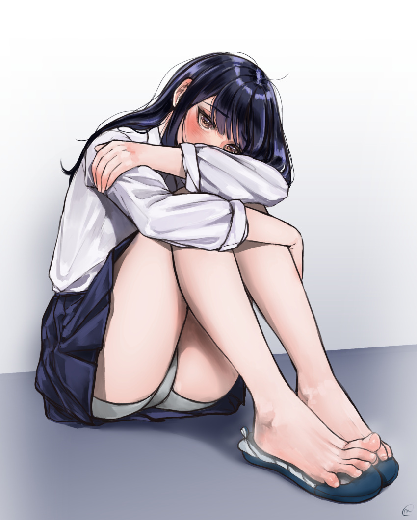 1girl barefoot blue_hair blue_sky boku_no_kokoro_no_yabai_yatsu brown_eyes eyelashes feet grey_background grey_panties head_tilt highres hugging_own_legs knees_up legs legs_together long_hair long_sleeves miniskirt nikishiko panties shadow shirt shoes shoes_removed sidelocks signature sitting skirt sky sleeves_rolled_up smell solo spread_toes steaming_body swept_bangs thighs toenails toes underwear white_shirt yamada_anna