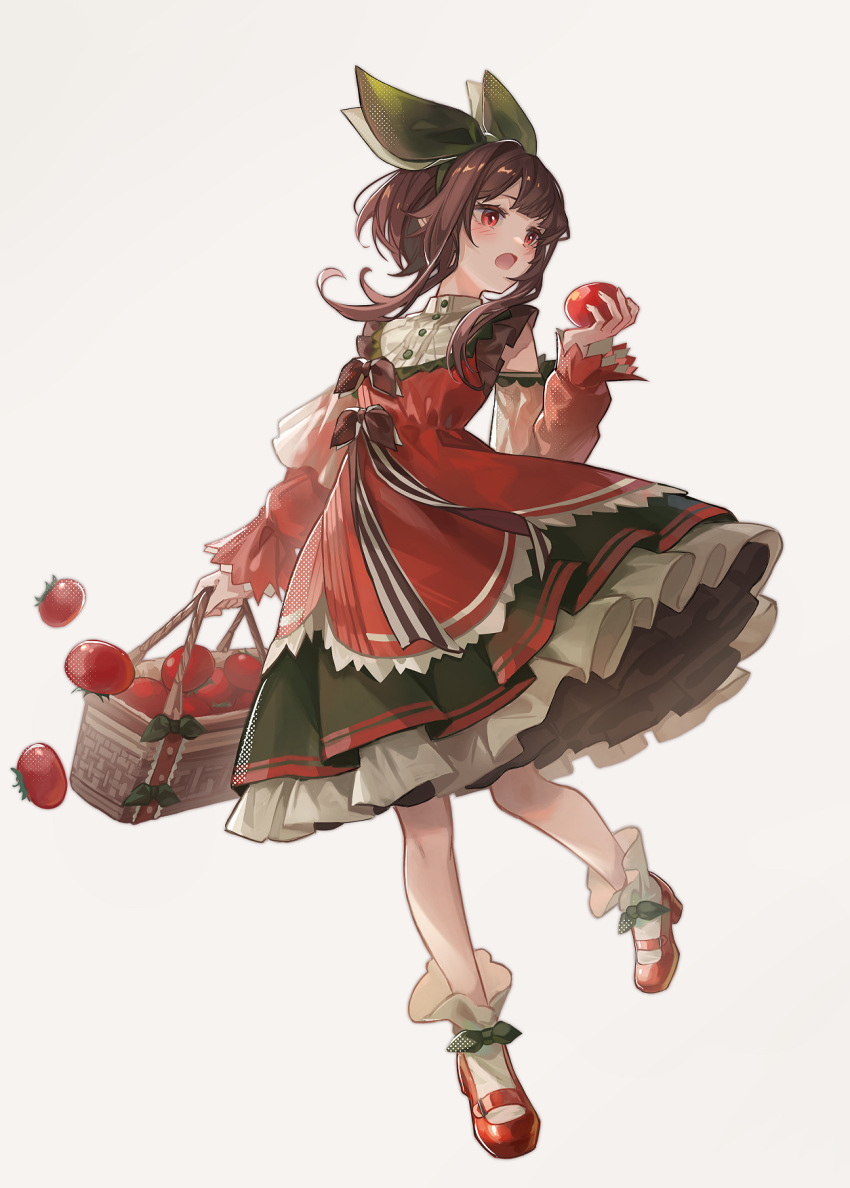 1girl basket blush bow brown_eyes buttons detached_sleeves dress food full_body green_bow hair_bow highres holding holding_basket holding_food kyusoukyu open_mouth original red_dress red_eyes red_footwear red_sleeves shoes short_hair simple_background socks solo tomato white_background white_socks