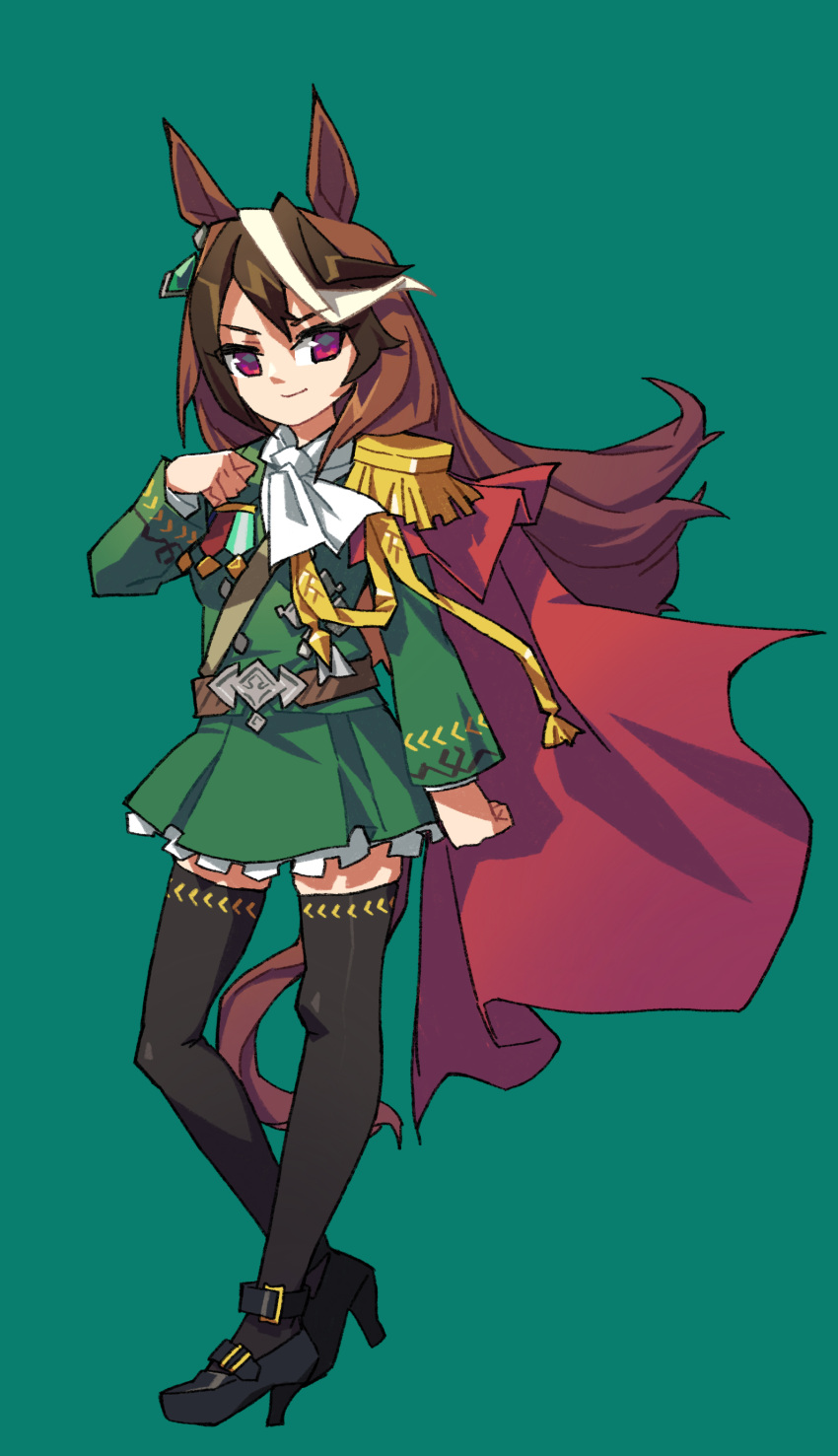 1girl absurdres animal_ears arm_at_side ascot belt black_footwear black_thighhighs breasts brown_hair closed_mouth earrings epaulettes full_body green_background green_jacket green_skirt hand_up high_heels highres horse_ears horse_girl horse_tail jacket jewelry long_hair looking_at_viewer medal miniskirt multicolored_hair purple_eyes shoulder_cape simple_background single_earring single_epaulette skirt small_breasts smile solo standing streaked_hair suzuhara_kenji symboli_rudolf_(umamusume) tail thighhighs umamusume white_ascot