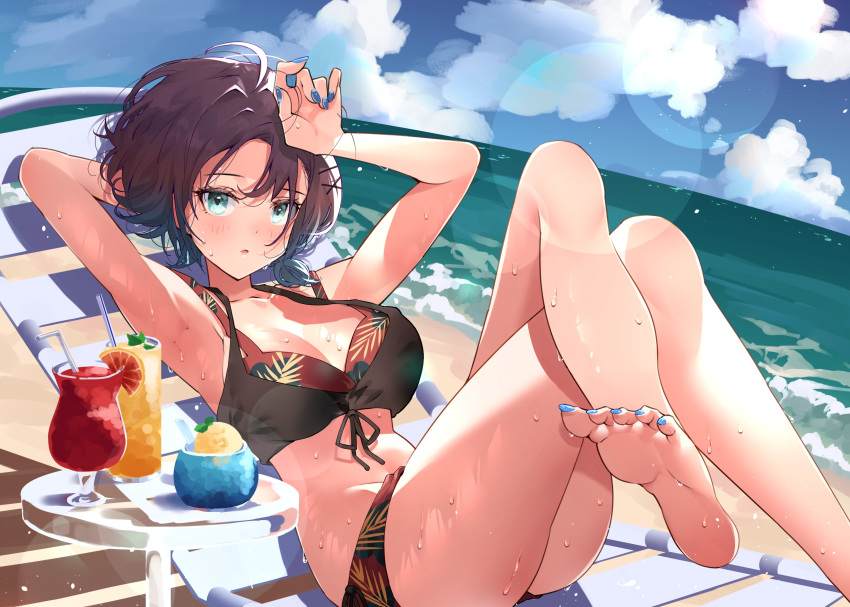 1girl absurdres ahoge aqua_eyes aqua_hair armpits arms_up asakura_toru bare_legs bare_shoulders barefoot beach beach_chair bikini blue_nails commentary_request cream_soda day drink gradient_hair grey_hair highres idolmaster idolmaster_shiny_colors juice looking_at_viewer multicolored_hair nail_polish ocean outdoors parted_bangs puni_(punycolors) short_hair solo swimsuit toenail_polish toenails two-tone_hair wet