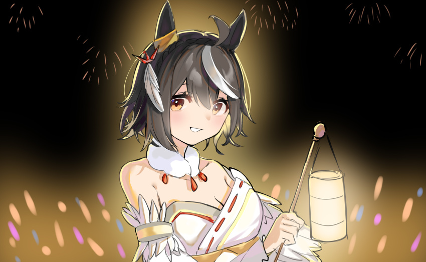 absurdres ahoge animal_ears bare_shoulders black_hair breasts cleavage detached_sleeves dress feather_hair_ornament feathers fireworks fur_choker hair_ornament highres horse_ears kitasan_black_(jubilant_star_auspicious_crane)_(umamusume) kitasan_black_(umamusume) lantern looking_at_viewer multicolored_hair open_mouth short_hair small_breasts smile solarisyuri! sparks strapless strapless_dress streaked_hair umamusume upper_body white_dress yellow_eyes