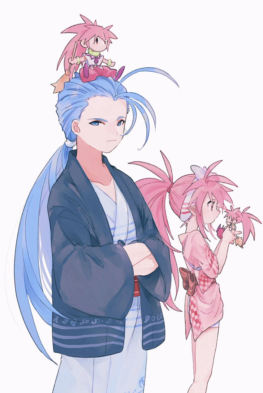 1boy 1girl absurdres alternate_costume antenna_hair arche_klein blue_eyes blue_hair blue_kimono chester_burklight closed_mouth collarbone commentary_request crossed_arms doll from_side hair_pulled_back high_ponytail highres holding holding_doll japanese_clothes kimono long_hair looking_at_viewer low_ponytail nancykittyu pink_eyes pink_hair pink_kimono profile sash simple_background standing tales_of_(series) tales_of_phantasia yukata
