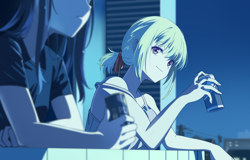 2girls arm_support balcony bare_shoulders black_hair black_shirt blonde_hair blue_hair camisole can closed_mouth evening from_side grey_tank_top hair_ribbon head_out_of_frame holding holding_can inoue_takina light_smile long_hair looking_ahead looking_at_another low_ponytail lycoris_recoil medium_hair multiple_girls neko_(yanshoujie) night nishikigi_chisato outdoors purple_eyes red_ribbon ribbon shirt sidelocks sleeveless strap_slip t-shirt tank_top upper_body
