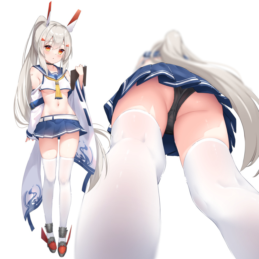 1girl arm_behind_back ass ayanami_(azur_lane) ayanami_(retrofit)_(azur_lane) azur_lane bandaid bandaid_on_arm bandaid_on_shoulder bare_shoulders black_panties blonde_hair blue_skirt blush breasts commentary_request crop_top detached_sleeves from_behind from_below full_body groin hair_between_eyes hair_ornament hairclip hand_up headgear highres holding legs long_hair looking_at_viewer miniskirt multiple_views navel neckerchief no_bra open_mouth orange_hair panties parted_lips pleated_skirt ponytail red_eyes revision rudder_footwear sailor_collar school_uniform serafuku shirt simple_background sironora skindentation skirt standing thighhighs thighs underboob underwear upskirt very_long_hair white_background white_shirt wide_sleeves yellow_neckerchief zettai_ryouiki