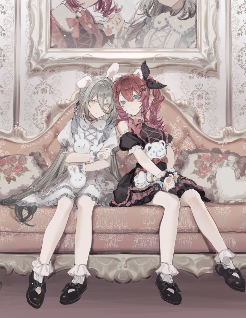 2girls absurdres animal_ears aqua_eyes black_bow black_dress black_footwear black_ribbon bow commentary couch cross-laced_clothes crossed_bangs detached_sleeves dress expressionless fake_animal_ears frilled_dress frilled_socks frills grey_eyes grey_hair hair_between_eyes hair_bow hair_ornament hair_ribbon hairclip highres juliet_sleeves kuramochi_meruto long_hair long_sleeves looking_at_viewer mary_janes mole mole_under_eye multiple_girls nijisanji object_hug on_couch picture_frame pillow pink_bow puffy_sleeves rabbit_ears red_bow red_hair ribbon scrunchie senri_(rnd_024) shoes short_sleeves side_ponytail sidelocks sitting smile socks sophia_valentine stuffed_animal stuffed_rabbit stuffed_toy swept_bangs symbol-only_commentary teddy_bear very_long_hair virtual_youtuber wallpaper_(object) white_dress white_scrunchie white_socks