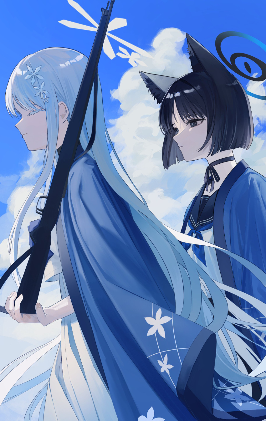 2girls absurdres animal_ears black_eyes black_hair black_sailor_collar blue_archive blue_halo blue_neckerchief cat_ears cat_tail cjsdh1000 closed_eyes closed_mouth cloud cloudy_sky colored_eyelashes day grey_hair gun hair_ornament halo haori highres holding holding_gun holding_weapon japanese_clothes kikyou_(blue_archive) long_hair multiple_girls nagusa_(blue_archive) neckerchief outdoors pleated_skirt sailor_collar school_uniform serafuku short_hair skirt sky tail weapon white_skirt