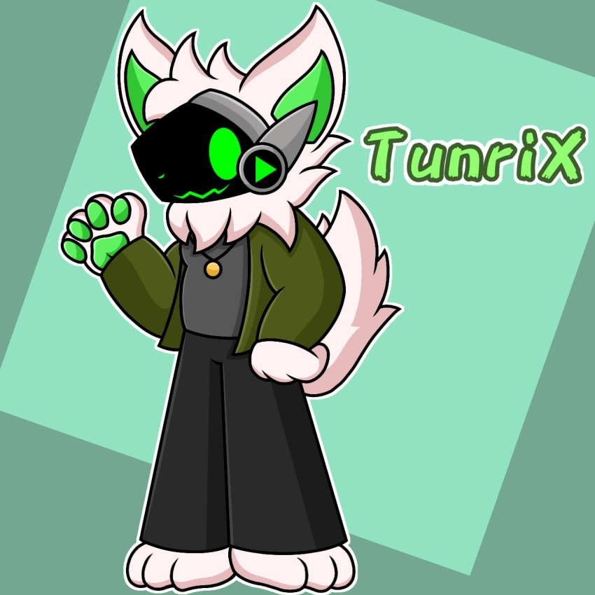 2d_(artwork) anthro big_ears bottomwear clothed clothing coat digital_drawing_(artwork) digital_media_(artwork) ears_up fluffy fluffy_tail fur gesture green_pawpads happy_expression hi_res jewelry lyncario machine male neck_tuft necklace open_clothing open_coat open_topwear pants pawpads protogen protogen_visor shirt skinny solo tail topwear tuft tunrix_(lyncario) waving waving_hand white_body white_fur