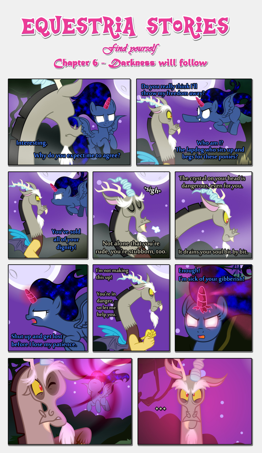 absurd_res anthro attack bat_wings black_border border chimera crystal crystal_horn dialogue discord_(mlp) draconequus duo equid equine estories eyes_closed female feral flying friendship_is_magic full_moon glowing glowing_eyes glowing_horn hasbro hi_res horn magic male mammal membrane_(anatomy) membranous_wings moon my_little_pony narrowed_eyes night night_time no_cutiemark one_eye_closed open_mouth penumbra_(estories) preparing pseudo_horn smile spread_wings winged_unicorn wings