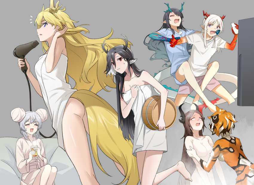 6+girls :d animal_ears antlers arknights ass bare_shoulders bathrobe black_hair blonde_hair blue_pants blue_shirt bottle breasts brown_hair bucket cleavage closed_eyes colored_skin commentary_request completely_nude cropped_legs cup deer_antlers deer_ears deer_girl double_bun dragon_horns dragon_tail drying drying_hair dusk_(arknights) fainting fang furry furry_female grabbing_another's_arm grey_background grey_hair hair_bun hair_dryer hair_over_one_eye highres holding holding_bottle holding_bucket holding_cup holding_hair_dryer horns horse_tail jieyun_(arknights) laughing leg_lock leizi_(arknights) liang_chan_xing_make_tu long_hair looking_at_viewer medium_breasts mouth_pull mulberry_(arknights) multicolored_hair multiple_girls naked_towel nian_(arknights) no_nipples nude open_mouth orange_hair pants parted_lips pink_pants pointy_ears purple_eyes qiubai_(arknights) red_eyes red_hair shirt short_hair smile streaked_hair tail tiger_girl towel very_long_hair waai_fu_(arknights) white_hair white_shirt wooden_bucket