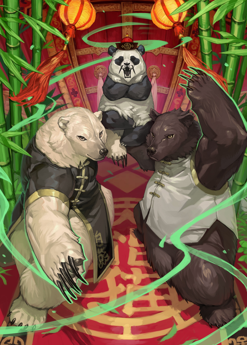 absurd_res anthro asian_clothing bamboo bear chinese_clothing claws clothed clothing crossed_arms east_asian_clothing facial_hair giant_panda group hat headgear headwear hi_res male mammal mustache open_mouth polar_bear trio ursine wolftapioca