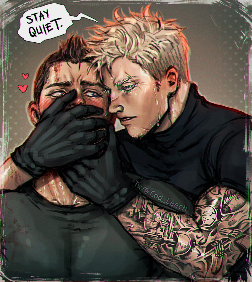 2boys absurdres arm_tattoo bara black_gloves black_hair black_shirt blonde_hair blush call_of_duty:_modern_warfare_2 cod_leech covering_another's_mouth gloves heart heart-shaped_pupils highres large_pectorals looking_at_another male_focus multiple_boys muscular muscular_male pectorals scar scar_on_face scar_on_nose shirt short_hair sweat sweatdrop symbol-shaped_pupils tattoo twitter_username upper_body yaoi