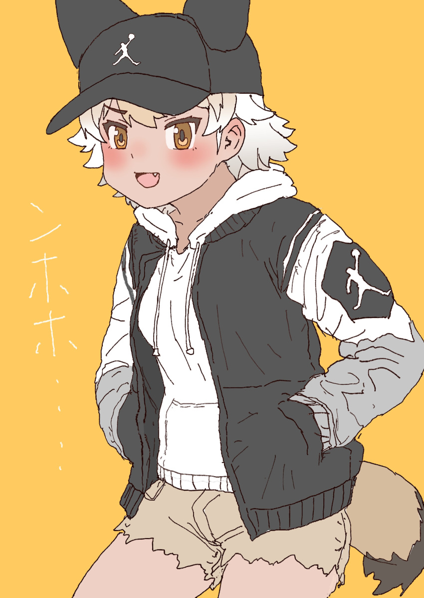 absurdres alternate_costume animal_ears baseball_cap black_headwear black_jacket blush brown_shorts casual cowboy_shot coyote_(kemono_friends) cutoffs drawstring extra_ears fang grey_jacket hair_between_eyes hands_in_pockets hat highres hood hood_down hoodie jacket kemono_friends kumasyan1998 multicolored_clothes multicolored_jacket open_clothes open_jacket open_mouth orange_eyes short_shorts shorts sidelocks smile tail translation_request white_hoodie white_jacket wolf_ears wolf_girl wolf_tail