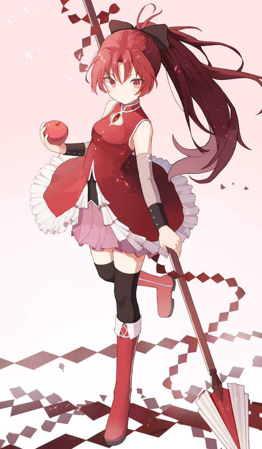 1girl absurdres apple black_thighhighs boots bow collared_dress detached_sleeves dress expressionless food frilled_dress frills from_side fruit full_body hair_bow high_ponytail highres holding holding_food holding_fruit holding_polearm holding_weapon knee_boots long_hair looking_at_viewer magical_girl mahou_shoujo_madoka_magica mahou_shoujo_madoka_magica_(anime) parted_bangs pink_background pink_skirt polearm red_dress red_eyes red_footwear red_hair sakura_kyoko skirt sleeveless sleeveless_dress solo standing standing_on_one_leg thighhighs weapon xinjinjumin8456216