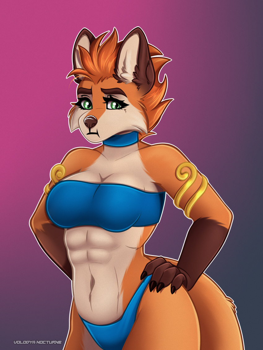 3:4 anthro breasts canid canine cleavage clothed clothing female fluffy_ears fox frown fur green_eyes hair hands_on_hips hi_res mammal mohawk panties puffed_cheeks red_body red_fur red_hair short_stack solo underwear volodyanocturne
