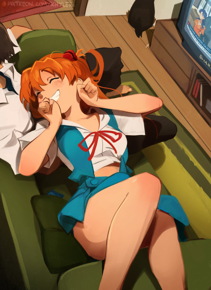 1boy 1girl absurdres animal barefoot black_pants blue_skirt blush closed_eyes collared_shirt condom condom_wrapper couch english_commentary english_text feet_out_of_frame from_above grin highres ikari_shinji indoors interface_headset katsuragi_misato khyle. knee_up lap_pillow lying midriff_peek neck_ribbon neon_genesis_evangelion news on_back orange_hair pants parted_lips penpen prison_clothes red_ribbon ribbon rug school_uniform shadow shirt short_sleeves sitting skirt smile souryuu_asuka_langley teeth television tokyo-3_middle_school_uniform web_address white_shirt wooden_floor