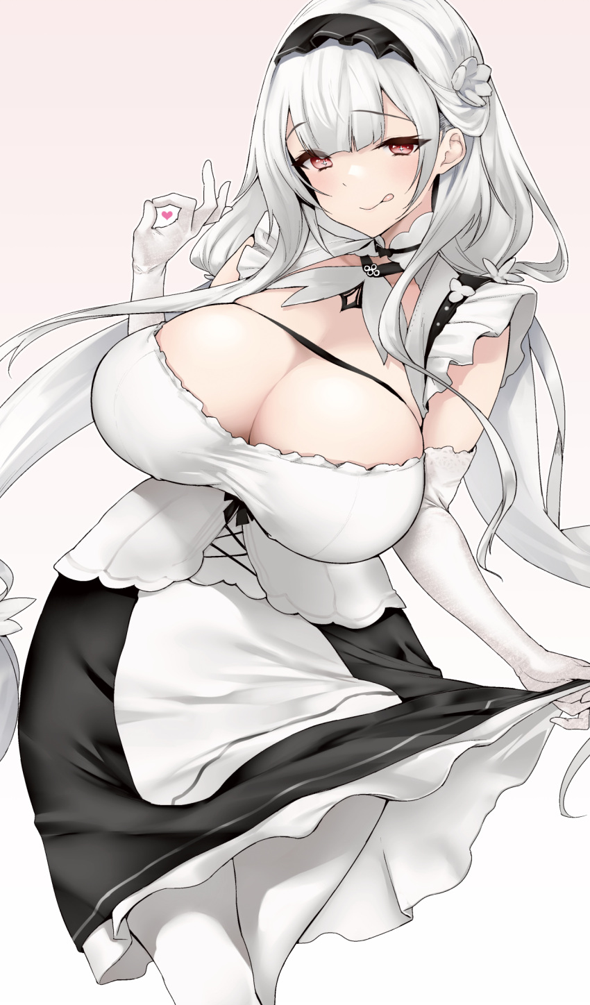 1girl azur_lane breasts clothes_lift cross-shaped_pupils dress elbow_gloves flower gloves hair_flower hair_ornament highres huge_breasts licking_lips long_hair looking_at_viewer maid maid_headdress ok_sign oohira_sunset pantyhose red_eyes scylla_(azur_lane) simple_background solo symbol-shaped_pupils tongue tongue_out white_background white_gloves white_hair white_pantyhose wide_hips
