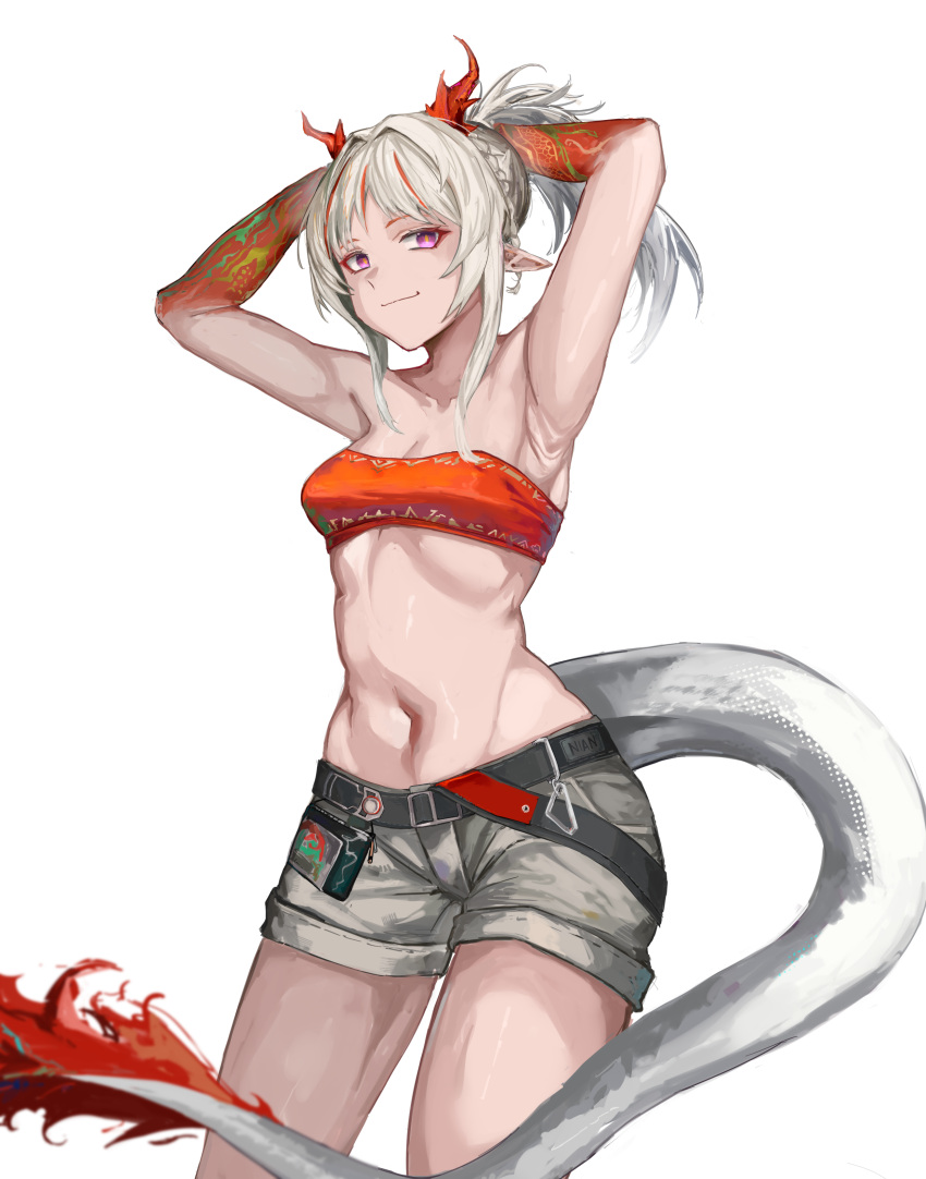 1girl absurdres arknights armpits arms_behind_head arms_up bandeau bare_shoulders belt black_belt breasts cleavage commentary_request cowboy_shot grey_shorts highres horns long_hair looking_at_viewer midriff multicolored_hair navel nian_(arknights) plum_(sousshiroll) ponytail purple_eyes red_hair short_shorts shorts sidelocks simple_background small_breasts smile solo standing stomach strapless streaked_hair tail thighs tube_top white_background white_hair
