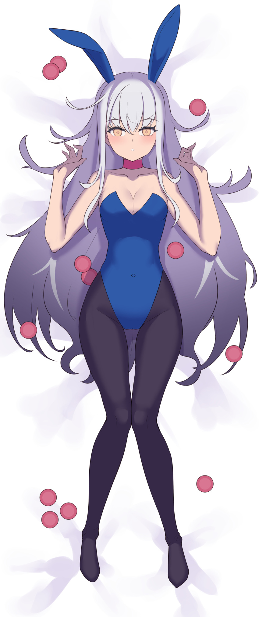 1girl :o absurdres animal_ears bare_arms bare_shoulders bed_sheet black_pantyhose blue_leotard breasts choker cleavage collarbone commentary_request fairy_knight_lancelot_(fate) fate/grand_order fate_(series) full_body grey_hair hands_up highres jilu leotard long_hair looking_at_viewer lying medium_breasts no_shoes on_back pantyhose parted_lips playboy_bunny rabbit_ears red_choker solo strapless strapless_leotard very_long_hair yellow_eyes