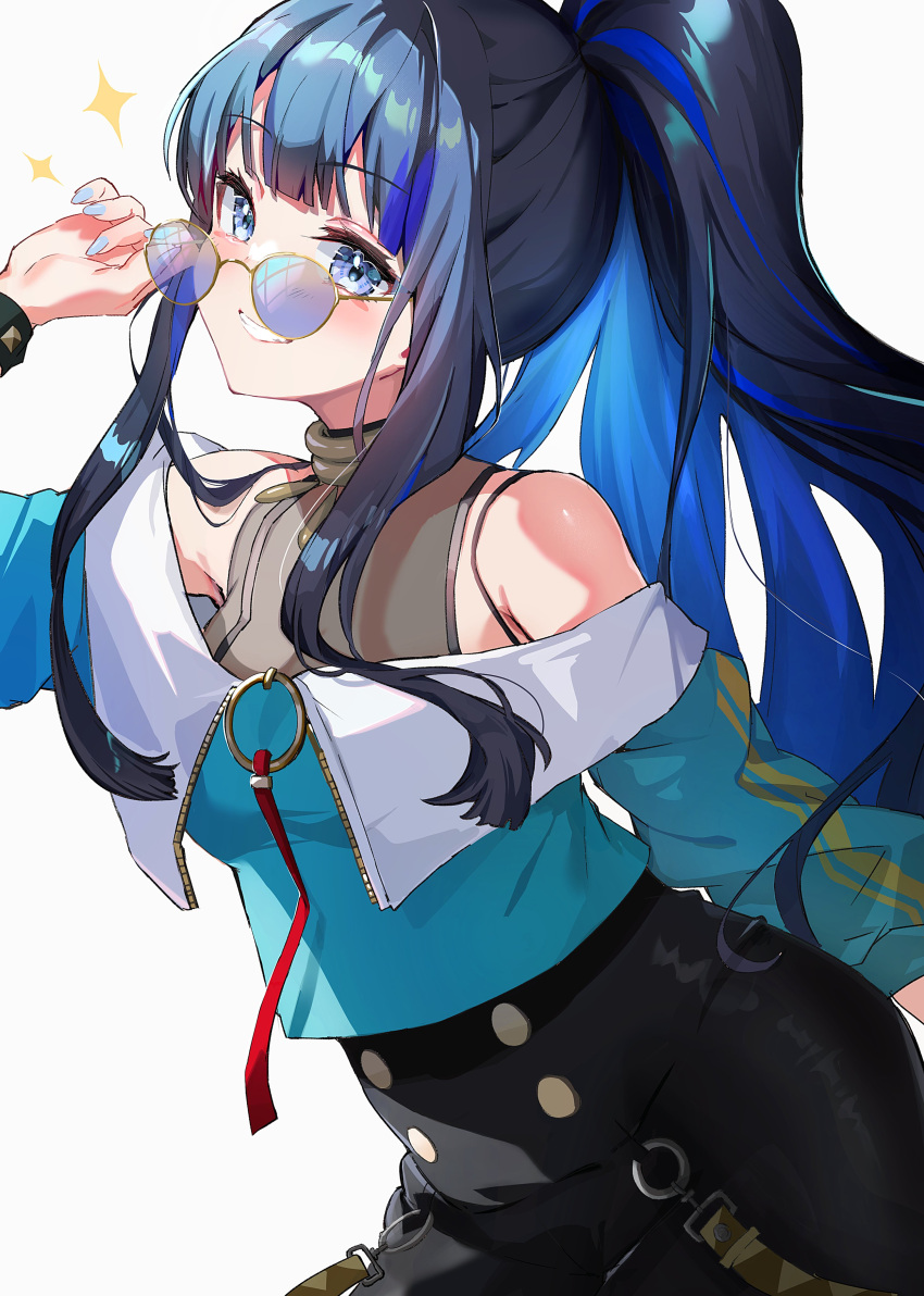 1girl absurdres alternate_hairstyle black_hair black_shorts blue_eyes blue_hair blue_nails colored_inner_hair fate/grand_order fate_(series) felnemo highres long_hair looking_over_eyewear multicolored_hair ponytail shorts smile sparkle studded_bracelet sunglasses tenochtitlan_(fate) tenochtitlan_(second_ascension)_(fate) white_background