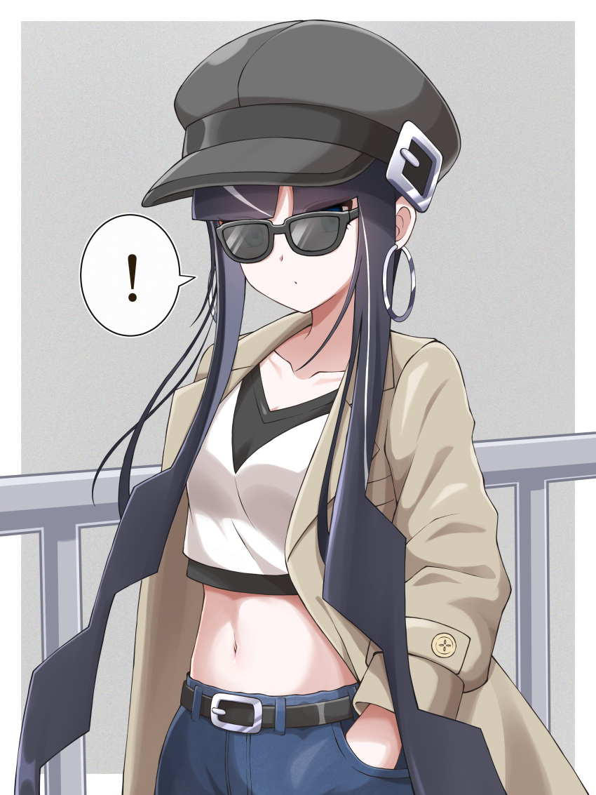 ! 1girl absurdres alternate_costume belt black-framed_eyewear blunt_bangs border coat collarbone commentary_request cropped_shirt denim earrings elesa_(pokemon) fence grey_background hand_in_pocket hat highres jeans jewelry long_sleeves looking_at_viewer navel open_clothes open_coat pants pokemon pokemon_(game) pokemon_bw2 shabana_may shirt short_hair_with_long_locks sidelocks spoken_exclamation_mark sunglasses undershirt white_border white_shirt