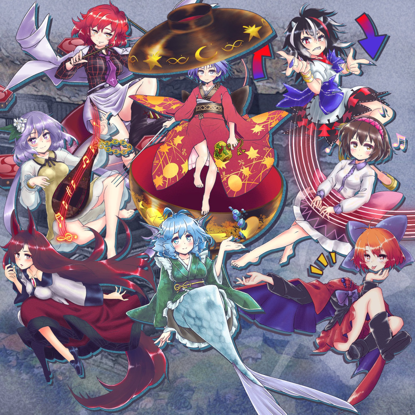 6+girls :p bangs barefoot bowl bowl_hat brown_hair carbohydrate_(asta4282) double_dealing_character hat highres horikawa_raiko imaizumi_kagerou kijin_seija looking_at_viewer mermaid monster_girl multiple_girls musical_note parted_lips red_hair sekibanki sitting smile sukuna_shinmyoumaru toes tongue tongue_out touhou tsukumo_benben tsukumo_yatsuhashi wakasagihime