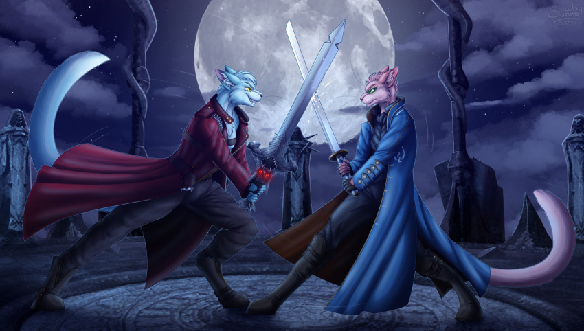 3d_(artwork) anthro blender_(disambiguation) capcom clothing costume crossed_swords dante demon devil_may_cry devil_may_cry_3 digital_media_(artwork) dmc dmc3 domestic_cat duo felid feline felis female fight finished_commission finishedcommission hi_res invalid_tag male mammal melee_weapon moon night smile sunny_way sword sword_fight tower vergil weapon