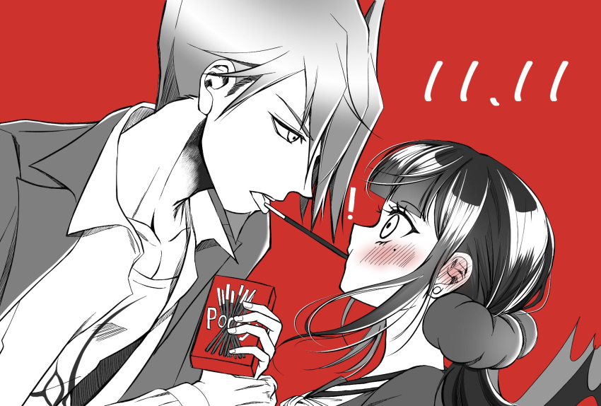 1boy 1girl blunt_bangs blush collarbone commentary danganronpa_(series) danganronpa_v3:_killing_harmony dated earrings facial_hair food from_side goatee hair_ornament hair_scrunchie harukawa_maki hetero highres jacket jewelry licking long_hair long_sleeves looking_at_another low_twintails mole mole_under_eye momota_kaito open_clothes open_shirt pocky pocky_day pocky_kiss red_background satori_(aosky9077) scrunchie shirt spiked_hair spot_color twintails