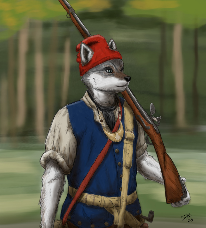 18th_century absurd_res ancient_art anthro canid canine canis clothed clothing flintlock fur gun hatjosuke8 hi_res male mammal ranged_weapon solo standing weapon wolf