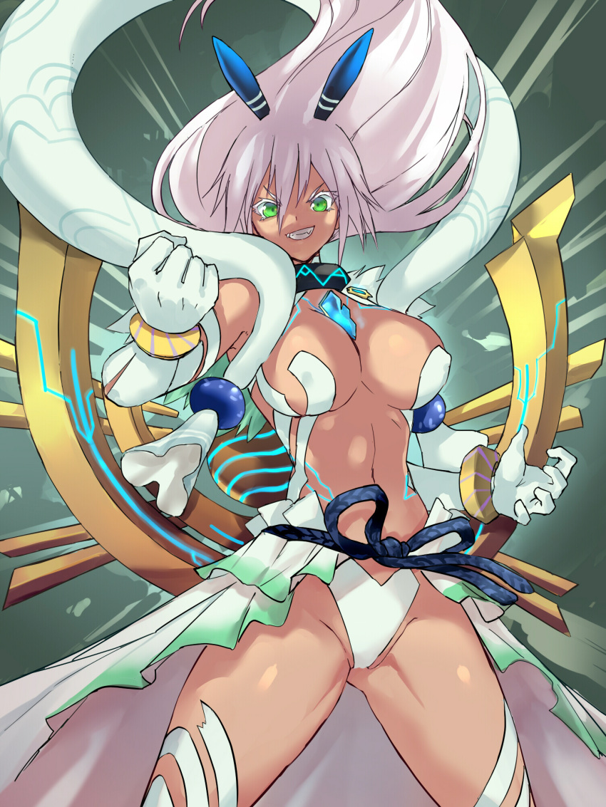 1girl :d armor breasts cleavage commentary_request dark-skinned_female dark_skin elbow_gloves gloves glowing glowing_eyes green_eyes grin highres huge_breasts long_hair looking_at_viewer navel negresco panties revealing_clothes revision simple_background smile solo stomach teeth underwear v-shaped_eyebrows white_gloves white_hair xenoblade_chronicles_(series) xenoblade_chronicles_2 zenobia_(xenoblade)