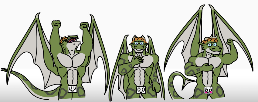 abs anthro blunt_(felix_bardner) censored dragon eyewear felix_bardner flexing_bicep glasses green_body green_scales hair hi_res horn male membrane_(anatomy) membranous_wings multicolored_body multicolored_scales muscular muscular_male orange_hair pecs prehensile_tail scales simple_background solo stretching two_tone_body two_tone_scales white_background wings