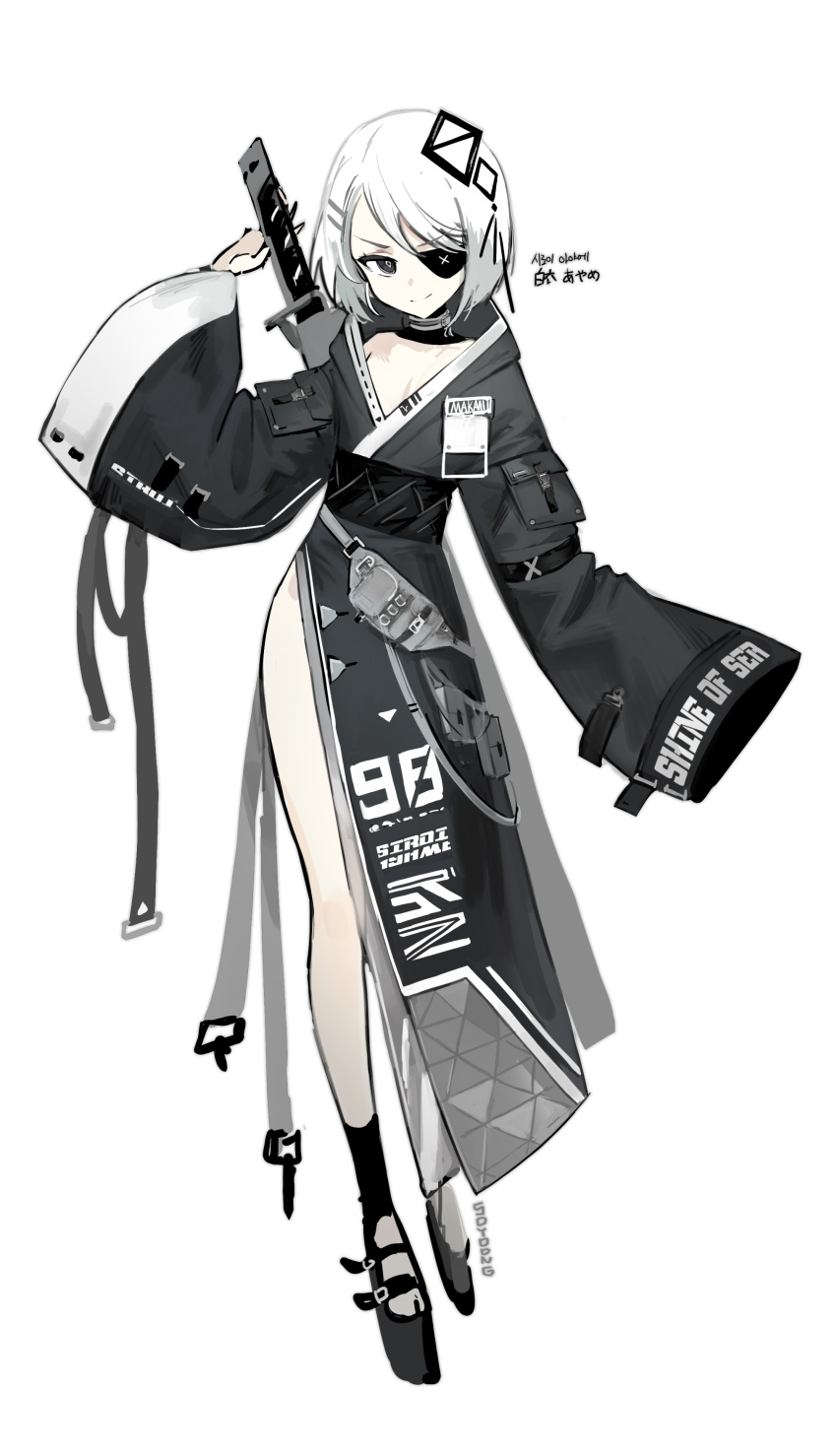 1girl absurdres black_eyes black_kimono black_socks closed_mouth eyepatch fanny_pack full_body highres id_card japanese_clothes katana kimono long_sleeves looking_at_viewer original platform_footwear pouch sheath sheathed short_hair simple_background smile socks solo soyoong_jun sword techwear toeless_legwear weapon white_background white_hair wide_sleeves