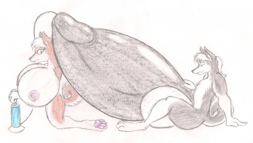 2012 abby_(abby) air_pump anthro balls big_balls big_breasts big_penis breasts canid canine canis colored_sketch darcell1291 domestic_dog duo expansion eyes_closed female genitals glistening glistening_body graphite_(artwork) hair heros_(character) hose_in_penis huge_balls huge_breasts huge_penis husky hyper hyper_balls hyper_breasts hyper_genitalia hyper_penis inflation kneeling looking_back looking_pleasured male male/female mammal multicolored_body nordic_sled_dog pawpads pencil_(artwork) penis penis_inflation sitting sketch spitz traditional_media_(artwork) two_tone_body white_hair wolf