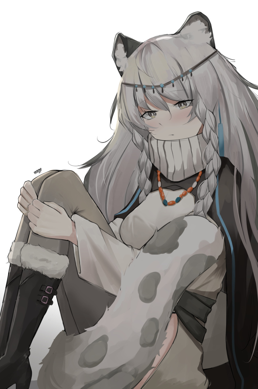 1girl absurdres animal_ear_fluff animal_ears arknights black_footwear blush boots braid breasts closed_mouth commentary_request dress eroborne fur-trimmed_boots fur_trim gradient_background grey_background grey_eyes grey_hair grey_thighhighs hair_between_eyes highres hugging_own_legs knees_up leopard_ears leopard_girl leopard_tail long_hair long_sleeves looking_at_viewer medium_breasts pramanix_(arknights) signature solo tail thighhighs thighhighs_under_boots turtleneck_dress very_long_hair white_background white_dress wide_sleeves