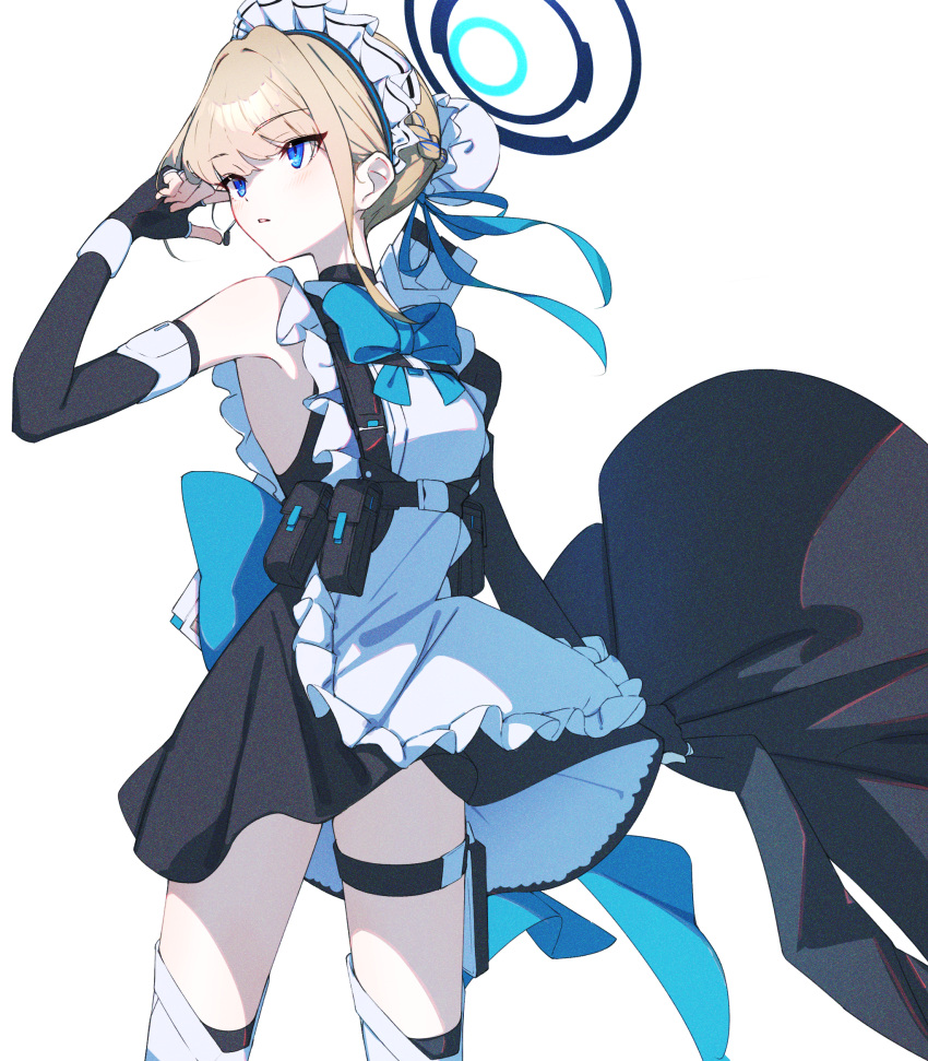 apron assault_rifle blue_archive blue_bow blue_bowtie blue_hair blue_ribbon bow bowtie bun_cover chest_harness earpiece elbow_gloves fingerless_gloves gloves gun h&amp;k_g11 hair_bun halo hand_on_own_ear hand_up harness highres karasuri layered_skirt maid_apron maid_headdress ribbon rifle skirt skirt_removed sleeveless thigh_pouch thigh_strap toki_(blue_archive) weapon white_apron white_background