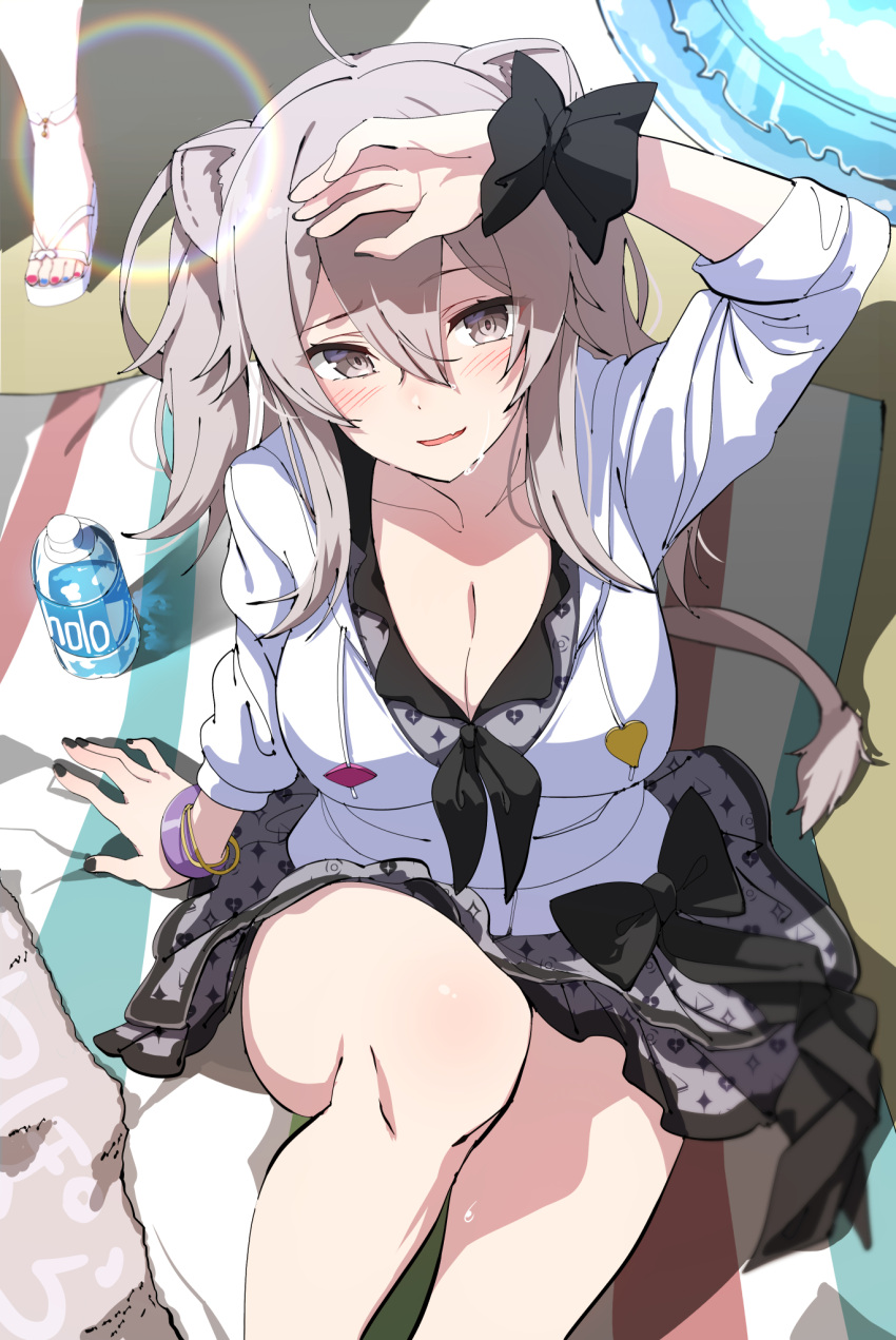 2girls ahoge animal_ears arm_support arm_up beach beach_towel bikini black_nails blue_nails bottle bracelet breasts collarbone commentary_request eyelashes feet feet_out_of_frame front-tie_bikini_top front-tie_top grey_eyes grey_hair grey_tail highres hololive hololive_summer_2023_swimsuit hood hood_down hoodie jewelry large_breasts lens_flare lion_ears lion_girl lion_tail long_hair long_sleeves looking_at_viewer multiple_girls nail_polish omaru_polka on_ground open_mouth out_of_frame outdoors pink_nails sandals shishiro_botan sidelocks sitting sweatdrop swimsuit tail thighs toenail_polish toenails toes towel virtual_youtuber water_bottle white_hoodie yuuzuki_(re'ef)