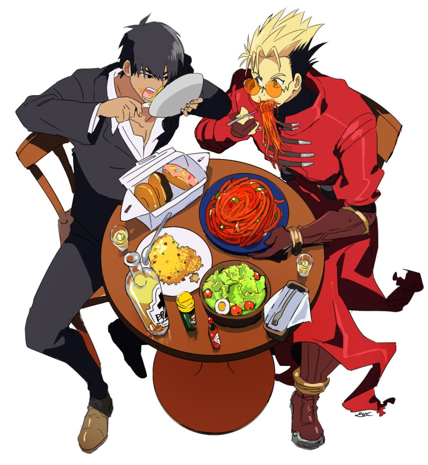 2boys alcohol black_eyes black_hair black_jacket black_pants blonde_hair blue_eyes bottle brown_footwear brown_gloves chair cheek_bulge cherry_tomato coat cup doughnut drinking_glass eating egg_(food) eye_contact food fork fried_rice full_body gloves hair_between_eyes hair_slicked_back highres holding holding_fork holding_plate holding_spoon jacket lapels long_coat looking_at_another male_focus multiple_boys napolitan nicholas_d._wolfwood notched_lapels open_collar open_mouth orange-tinted_eyewear pants partially_fingerless_gloves pasta pastry_box pirohi_(pirohi214) plate prosthesis prosthetic_arm red_coat round_eyewear salad shirt short_hair sideways_glance simple_background sitting spaghetti spiked_hair spoon suit_jacket sunglasses tabasco table teeth tinted_eyewear tomato trigun trigun_maximum undercut vash_the_stampede white_background white_shirt wine_bottle wing_collar