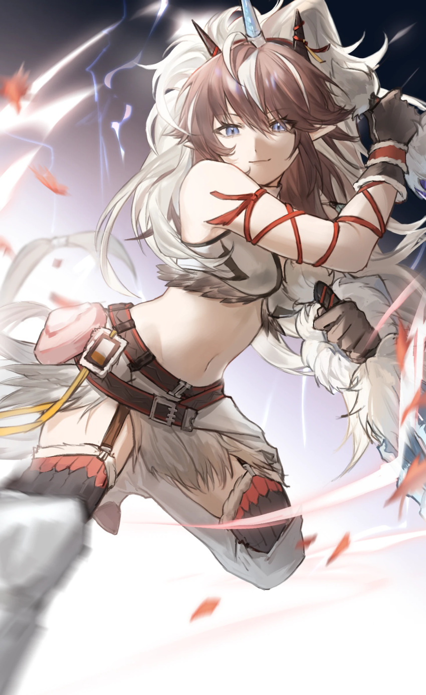 1girl arknights arm_ribbon bare_shoulders blue_eyes brown_gloves brown_hair closed_mouth commentary_request crop_top dagger fake_horns foot_out_of_frame fur-trimmed_bra garter_straps gloves highres holding holding_dagger holding_knife holding_weapon horns kirin_x_yato_(arknights) knife long_hair looking_at_viewer mane midriff monster_hunter_(series) multicolored_hair navel ribbon smile solo streaked_hair thighhighs weapon white_hair yato_(arknights) yipingtaopuzi