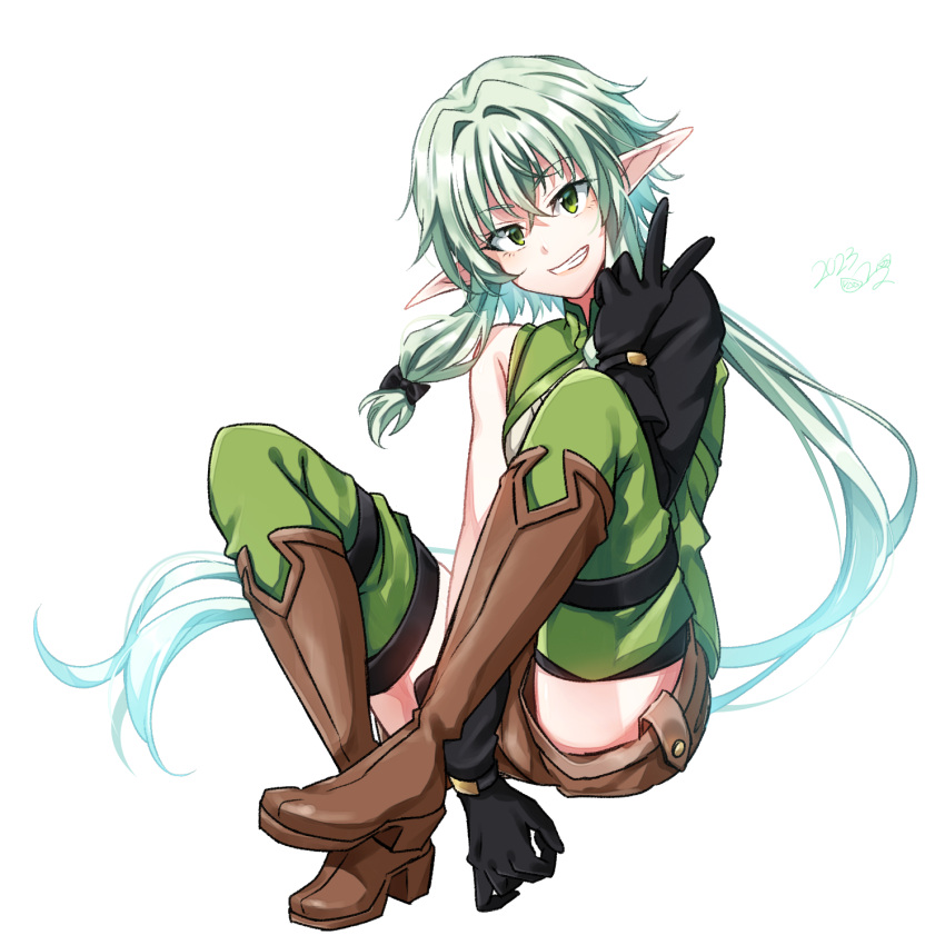 1girl asymmetrical_sleeves black_bow black_gloves boots bow brown_footwear brown_shorts commentary_request dated elf full_body gloves goblin_slayer! green_eyes green_hair grin hair_bow high_elf_archer_(goblin_slayer!) highres kankitukou long_hair looking_at_viewer pointy_ears shorts simple_background smile solo v white_background