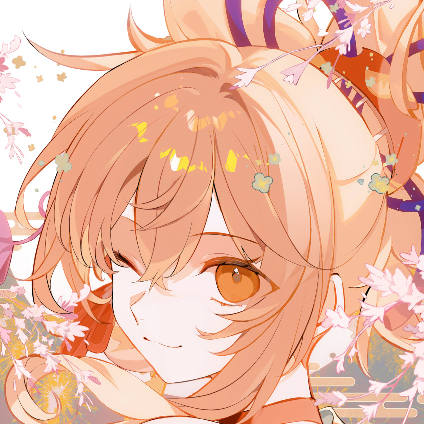 1girl :3 closed_mouth genshin_impact hair_between_eyes hair_ribbon high_ponytail highres looking_at_viewer medium_hair one_eye_closed orange_eyes orange_hair portrait ribbon solo wkwk0217 yoimiya_(genshin_impact)