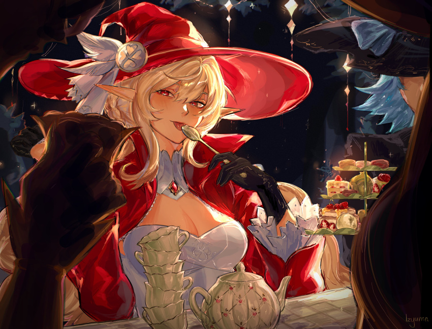 1girl 3girls absurdres alice_(genshin_impact) artist_name bangs black_gloves blonde_hair blush breasts cake cleavage cup dress food genshin_impact gloves hat hat_feather hat_ornament highres holding holding_cup holding_spoon izyumn licking looking_at_viewer multiple_girls pointy_ears red_dress red_headwear sitting solo_focus spoon teacup teapot tongue tongue_out witch_hat