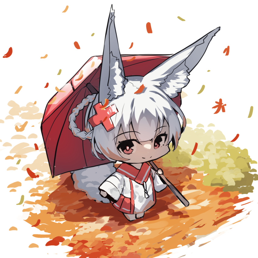 1girl animal_ear_fluff animal_ears autumn_leaves braid chibi closed_mouth commentary_request fox_ears fox_girl fox_tail full_body grey_hair hair_ornament hair_rings highres holding holding_umbrella japanese_clothes kimono leaf long_sleeves looking_at_viewer maple_leaf original pleated_skirt red_eyes red_skirt red_umbrella skirt sleeves_past_wrists smile solo tail umbrella white_background white_kimono wide_sleeves x_hair_ornament yuuji_(yukimimi)