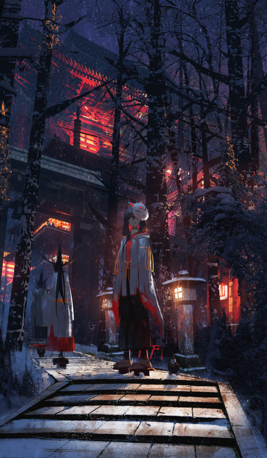 1girl 2others absurdres architecture asteroid_ill black_hakama building closed_mouth east_asian_architecture expressionless facing_to_the_side forest fox_mask geta hair_tie hakama highres japanese_clothes long_hair looking_at_viewer mask mask_on_head miko multiple_others nature night original outdoors path purple_hair scenery sclera_(asteroid_ill) shrine snow socks stairs standing star_(sky) stone_lantern stone_stairs stone_walkway tree white_footwear wide_sleeves winter yellow_eyes