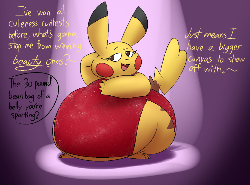 3_toes 4_fingers belly_overhang brown_eyes clothed clothing dialogue digital_media_(artwork) dress english_text eyelashes feet female feral fingers generation_1_pokemon huge_belly huge_thighs nintendo obese obese_female obese_feral open_mouth overweight overweight_female overweight_feral pikachu pokemon pokemon_(species) red_clothing red_dress solo standing tail talking_to_another text thatoneaceguy thick_thighs toes tongue unseen_character vivian_(thatoneaceguy)