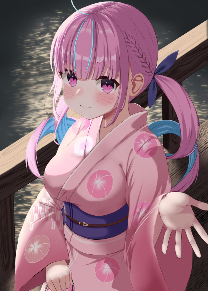 1girl absurdres ahoge beckoning blue_hair blue_ribbon blunt_bangs blush braid breasts bridge closed_mouth colored_inner_hair drill_hair french_braid hair_ribbon highres holding hololive japanese_clothes kimono long_hair looking_at_viewer medium_breasts minato_aqua multicolored_hair o_takibi obi obijime outdoors outstretched_hand pink_kimono print_kimono purple_eyes purple_hair ribbon sash solo streaked_hair twintails upper_body virtual_youtuber water wide_sleeves yagasuri